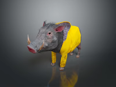 Warthog Wearing Yellow Raincoat With Plaid Collar On Gray Background And Floor Reflection 3d model