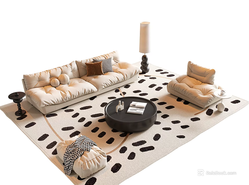 Modern Beige Sofa With Pillows Round Coffee Table And Floor Lamp On Spotted Rug 3d model 