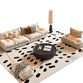 Modern Beige Sofa With Pillows Round Coffee Table And Floor Lamp On Spotted Rug