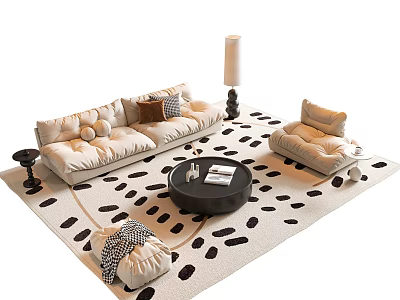 Modern Beige Sofa With Pillows Round Coffee Table And Floor Lamp On Spotted Rug 3d model