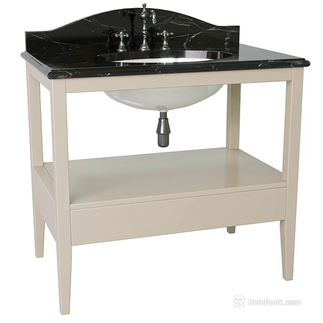 Elegant Bathroom Washbasin with Black Countertop Light Wood Stand and Chrome Faucet 3d model 