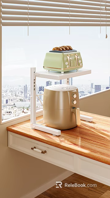 Modern Kitchen Appliances On Countertop Shelf With Green Toaster And Gold Air Fryer 3d model 