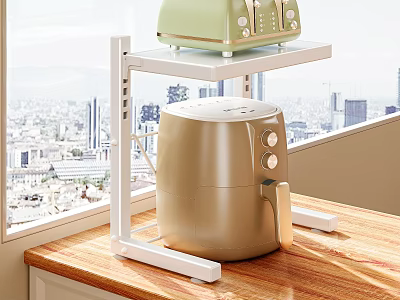 Modern Kitchen Appliances On Countertop Shelf With Green Toaster And Gold Air Fryer 3d model