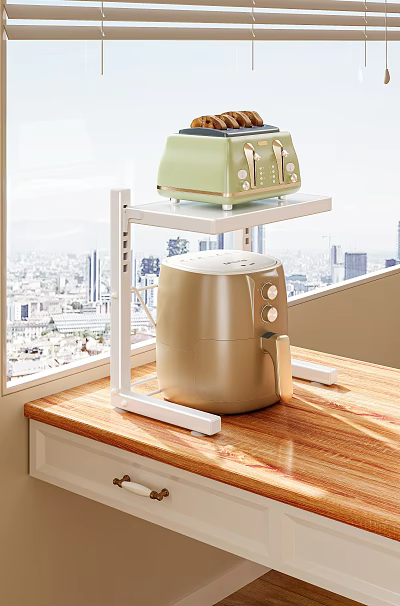 Modern Kitchen Appliances On Countertop Shelf With Green Toaster And Gold Air Fryer 3d model