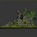 Game Character Mechanical Creature with Lush Greenery Mossy Rocks and Jungle Elements