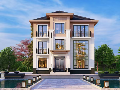 Two Story Modern Detached Villa With Large Windows Balconies Stone Pathway Water Pool And Greenery 3d model