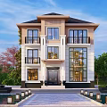 Two Story Modern Detached Villa With Large Windows Balconies Stone Pathway Water Pool And Greenery
