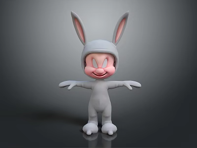 Cartoon Rabbit Game Movie Character With Smiling Face Extended Arms And Gray Costume 3d model