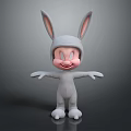 Cartoon Rabbit Game Movie Character With Smiling Face Extended Arms And Gray Costume