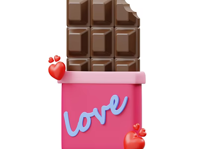 Sweet Chocolate in Pink Box with Love Lettering and Heart Decorations 3d model
