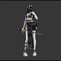 Female Character in Floral Traditional Costume Holding Sword with Modern Sneakers Three Angles