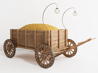 Wooden Cart Filled With Yellow Grain And Hanging Glass Ball Lights 3d model