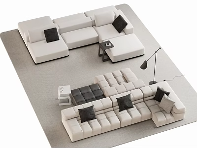 Beige Sectional Sofa With Black Cushions Side Table And Floor Lamp On Rug 3d model