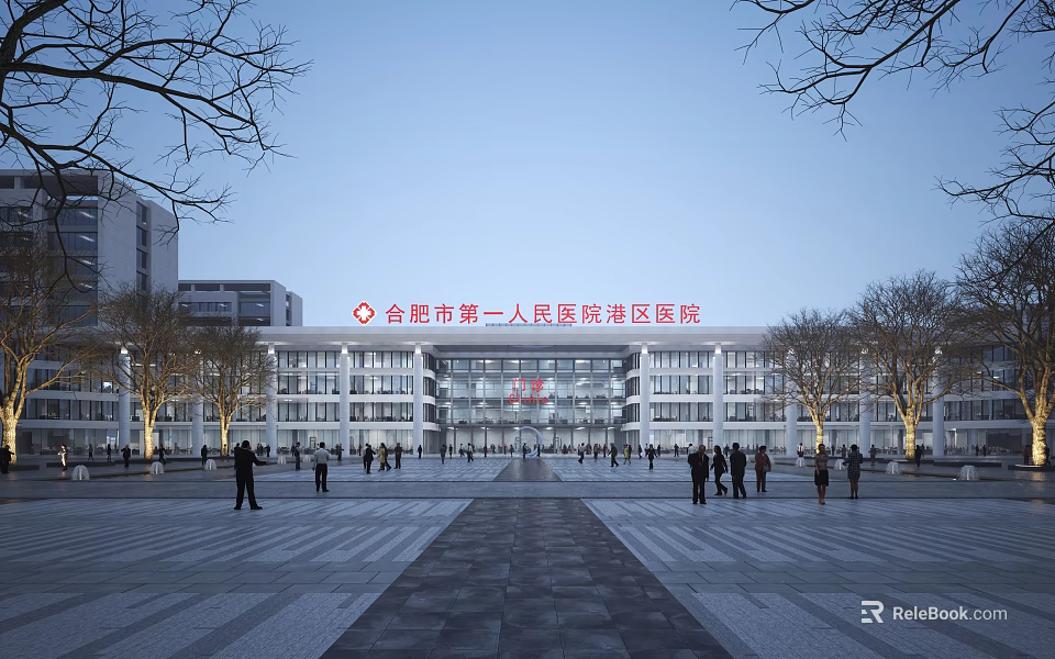 Modern Hospital Office Building Exterior With Glass Windows Plaza Trees And Pedestrians 3d model 