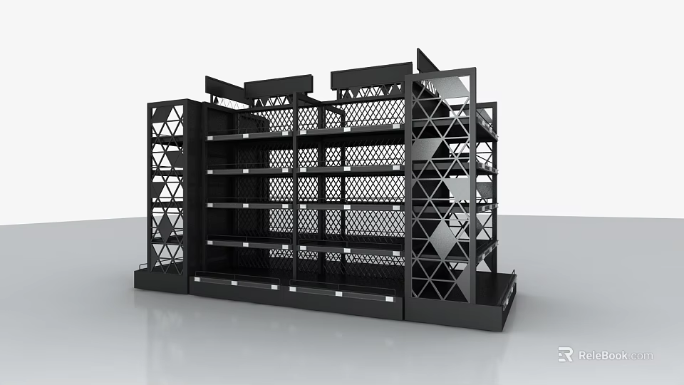 Modern Black Retail Display Shelving With Geometric Design And Multiple Shelves 3d model 