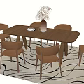 Wooden Rectangular Dining Table Set with Six Chairs and Vase on Wave Pattern Carpet 3d model