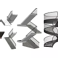 Various Modern Staircase Designs Featuring Glass Railings Metal Frames and Spiral Structures 3d model