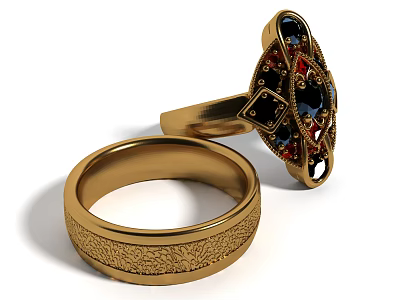 Exquisite Gold Rings With Engraved Patterns And Colorful Gemstone Inlaid Design 3d model