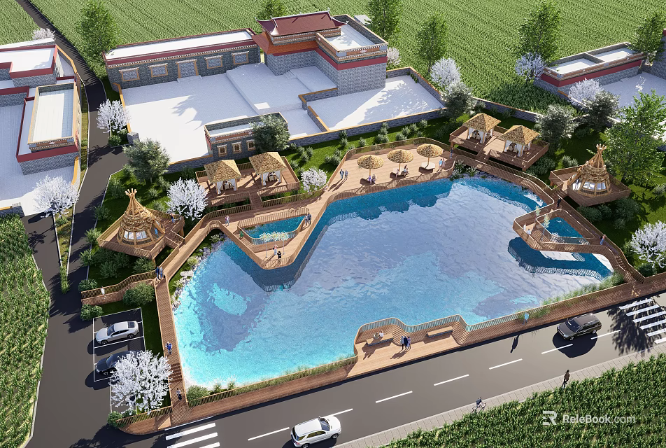 Waterfront Landscape Design With Large Pool Thatched Pavilions Greenery And Recreational Spaces 3d model 