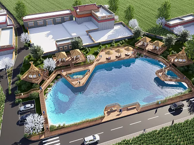 Waterfront Landscape Design With Large Pool Thatched Pavilions Greenery And Recreational Spaces 3d model