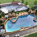 Waterfront Landscape Design With Large Pool Thatched Pavilions Greenery And Recreational Spaces
