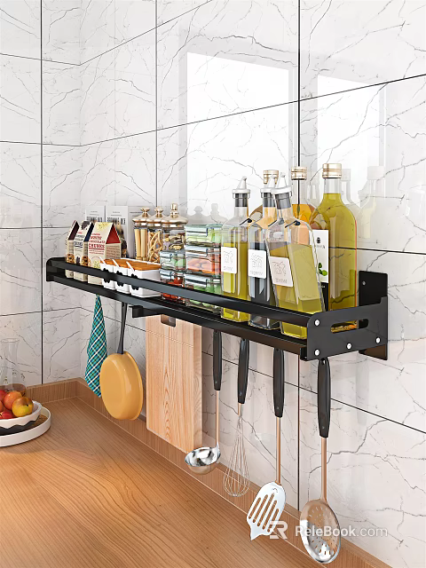 Black Wall Mounted Bathroom Cabinet Rack With Spice Olive Oil Bottles Spatula And Cutting Board 3d model 