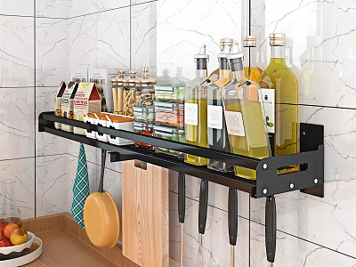Black Wall Mounted Bathroom Cabinet Rack With Spice Olive Oil Bottles Spatula And Cutting Board 3d model