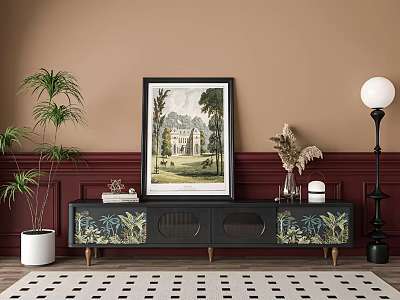 Dark TV Stand With Tropical Print Doors Framed Artwork Potted Plants And Floor Lamp 3d model