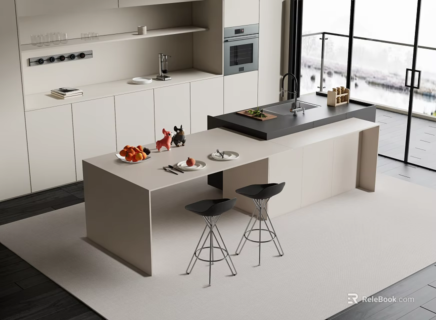 Modern Kitchen Island Bar Counter With Fruit Plates Utensils And Black Bar Stools 3d model 