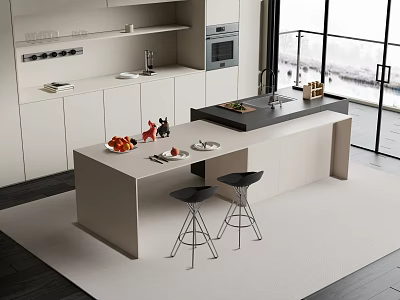 Modern Kitchen Island Bar Counter With Fruit Plates Utensils And Black Bar Stools 3d model