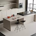 Modern Kitchen Island Bar Counter With Fruit Plates Utensils And Black Bar Stools