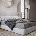 Modern Double Bed with Curved Background Wall Circular Relief Grey Upholstered Headboard and Shutter Windows