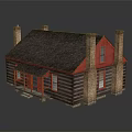 Cartoon Log Cabin Scene With Red Door And Windows Dark Brown Roof And Brick Chimneys