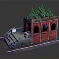Cartoon Scene Red Brick Building With Arched Windows Roof Pine Trees Staircase And Blue Box