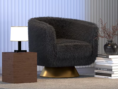 Modern Table Lamp on Wooden Side Table with Fuzzy Black Armchair and Stack of Books 3d model