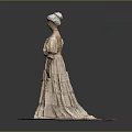 Vintage Style Beige Long Dress With Puffed Sleeves And Pleated Design On Mannequin With Hat