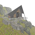 Detached Villa with Triangular Roof in Mountainous Area Surrounded by Rocks and Grassland