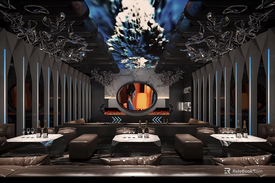Modern Luxury KTV Lounge Interior Design With Comfortable Sofas Lighting And Screen 3d model 