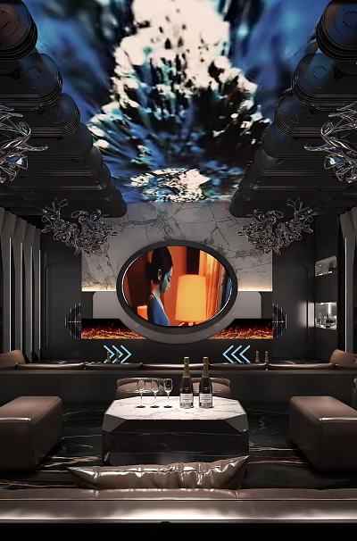 Modern Luxury KTV Lounge Interior Design With Comfortable Sofas Lighting And Screen 3d model