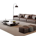 Modern Leather Sofa And Coffee Table Set With Marble Top Throw Pillows And Floor Lamp
