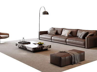 Modern Leather Sofa And Coffee Table Set With Marble Top Throw Pillows And Floor Lamp 3d model