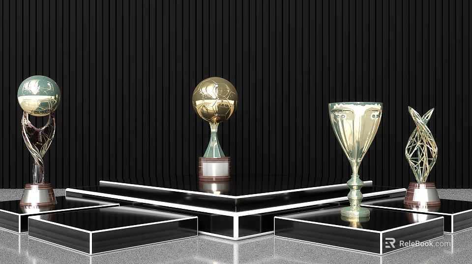 Gold Trophies Displayed On Black Platforms With Vertical Striped Background 3d model 