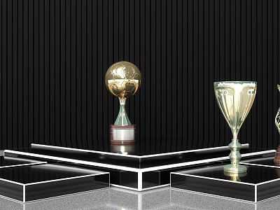 Gold Trophies Displayed On Black Platforms With Vertical Striped Background 3d model