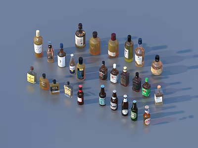 Multiple Liquor Bottles In Various Colors And Shapes Arranged On Blue Background 3d model