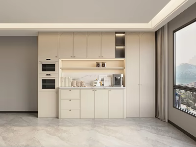Modern Interior With Sleek Light colored Sideboard Cabinet Appliances And Open Shelves 3d model