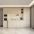 Modern Interior With Sleek Light colored Sideboard Cabinet Appliances And Open Shelves
