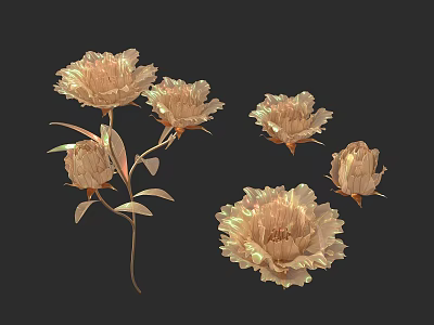Golden 3D Rendered Flowers In Different Blooming Stages On Black Background 3d model