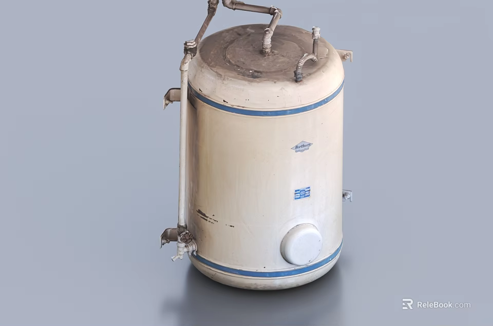 Industrial Equipment Cylindrical Tank With Blue Stripes Pipes And Valves 3d model 