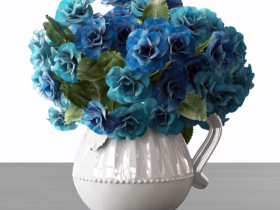 White Textured Ceramic Vase With Blue Roses And Fresh Green Leaves 3d model
