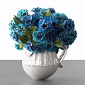 White Textured Ceramic Vase With Blue Roses And Fresh Green Leaves